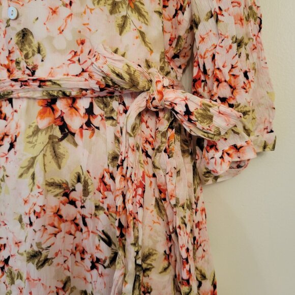 J Jill Floral Midi Belted Dress M Pink Green V Neck Rayon Dainty Feminine Easter - Picture 8 of 8